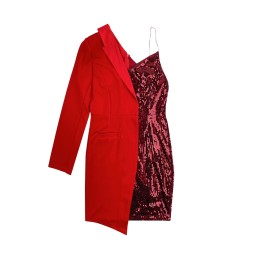 Design red single-room long-sleeved suit, custom splicing red sequin short style, irregular trend, suspenders, sexy retro temperament dress, social evening dress, reception dress, evening dress FA384 Design red single-room long-sleeved suit, custom splicing red sequin short style, irregular trend, suspenders, sexy retro temperament dress, social evening dress, reception dress, evening dress FA384